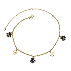 14k Gold Plated Enamel Puppy Paw Dangle Charm Anklet, Adjustable Length