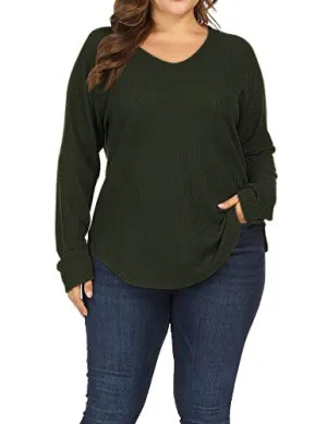 ALLEGRACE Women Plus Size Lightweight Knit Pullover Sweaters Long Sleeve Sweater Shirts Army Green 1X