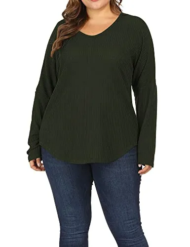 ALLEGRACE Women Plus Size Lightweight Knit Pullover Sweaters Long Sleeve Sweater Shirts Army Green 1X