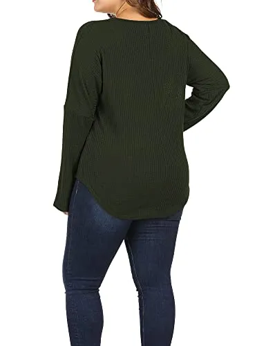 ALLEGRACE Women Plus Size Lightweight Knit Pullover Sweaters Long Sleeve Sweater Shirts Army Green 1X