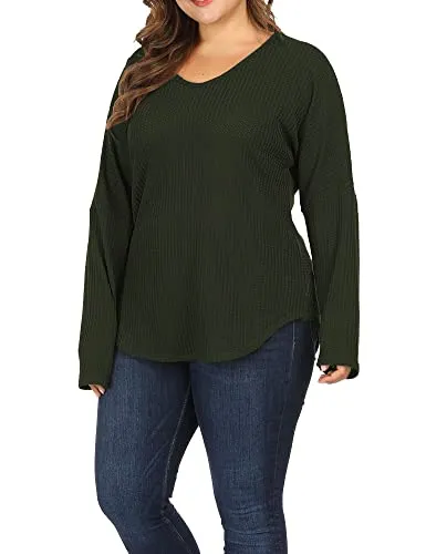 ALLEGRACE Women Plus Size Lightweight Knit Pullover Sweaters Long Sleeve Sweater Shirts Army Green 1X