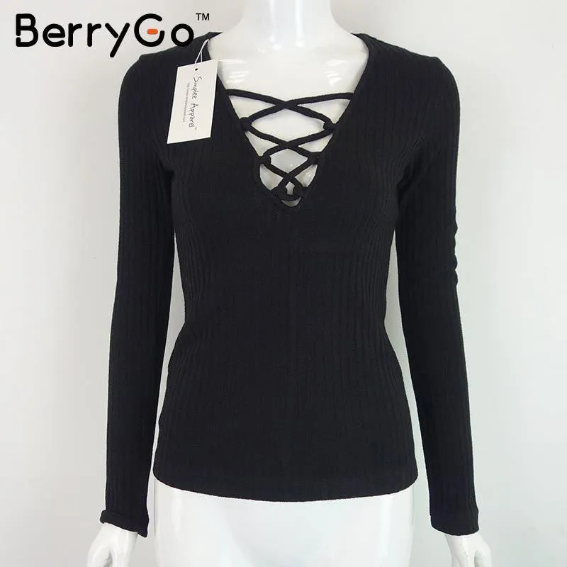 BerryGo Charcoal lace up Autumn warm knitted tops Sexy v neck women sweater pull femme Slim long sleeve elastic female pullover