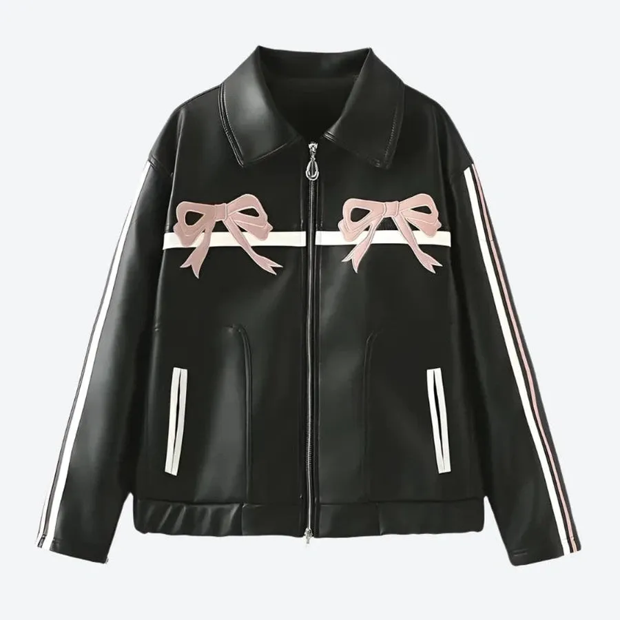 Bow Accent Faux Leather Zip Jackets