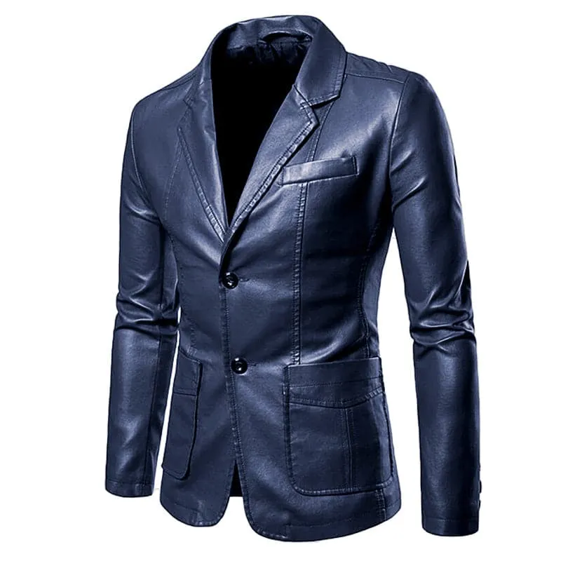 BRADLEY Men's Fashion Premium Quality Navy Blue Leather Style Blazer Suit Jacket