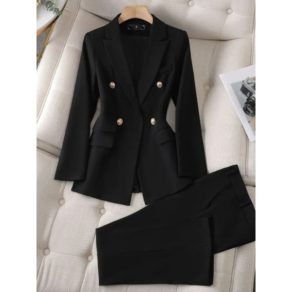 CAROLINE SUITS Women's Elegant Stylish Fashion Notched Lapel Office Blazer Jacket & Pants Navy Blue Suit Set for Business Meetings & Job Interviews