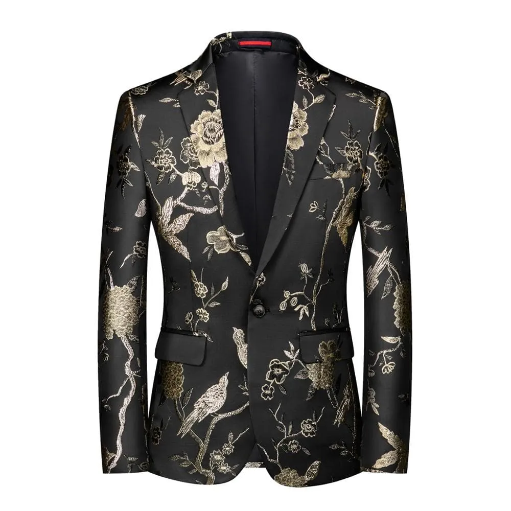 CGSUITS Men's Fashion Luxury Style Floral Embroidery Black & Gold Blazer Suit Jacket