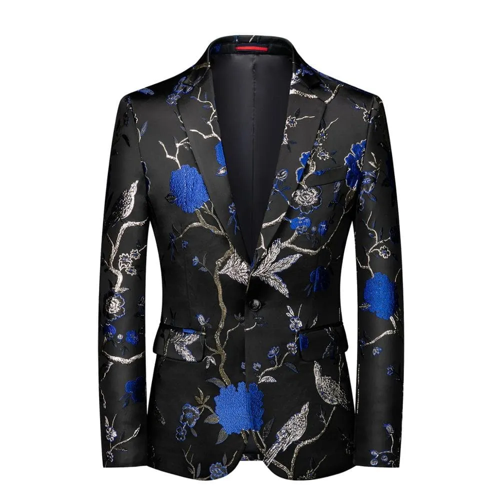 CGSUITS Men's Fashion Luxury Style Floral Embroidery Black & Gold Blazer Suit Jacket