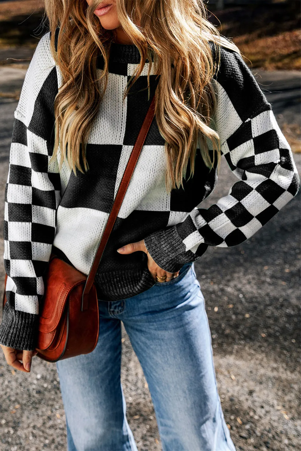 Checkered Print Drop Shoulder Sweater