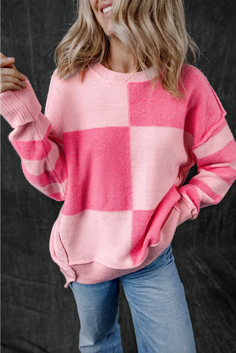 Checkered Striped High Low Loose Sweater