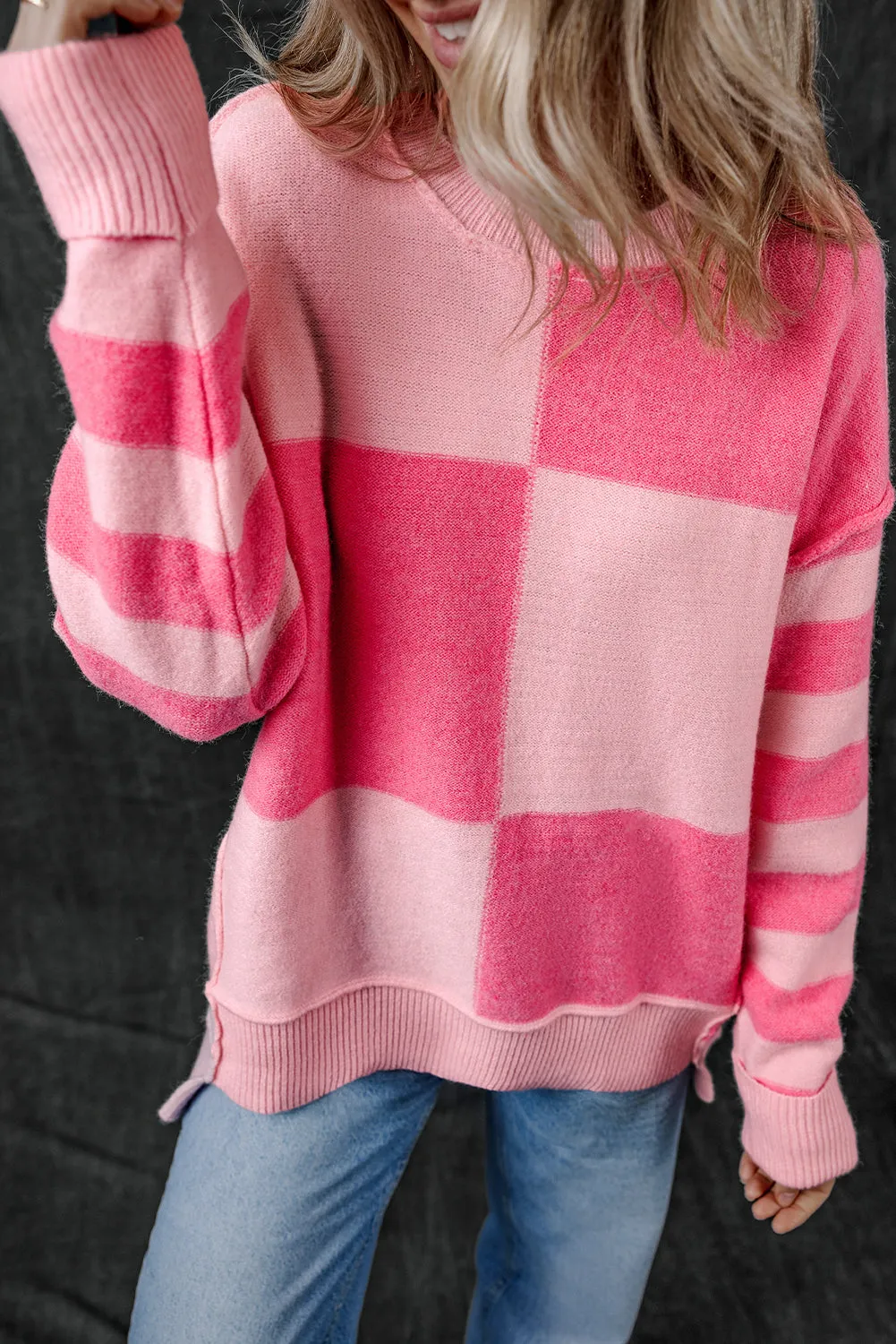 Checkered Striped High Low Loose Sweater