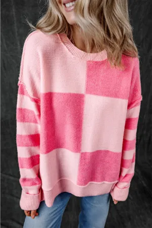 Checkered Striped High Low Loose Sweater