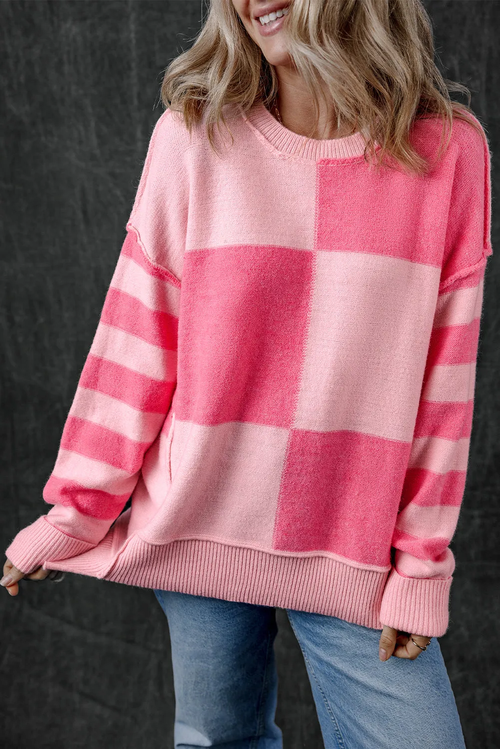 Checkered Striped High Low Loose Sweater