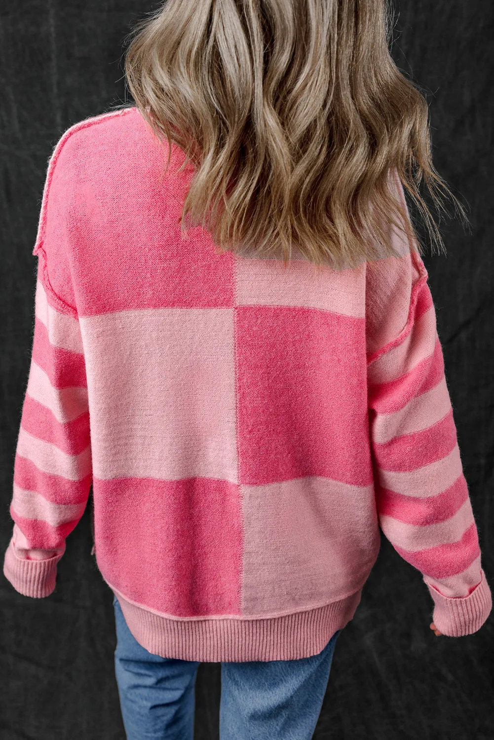 Checkered Striped High Low Loose Sweater