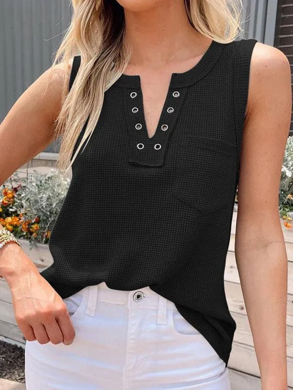 Chic Women's Black Lace-Up V-Neck Waffle Knit Tank Top for Effortless Style