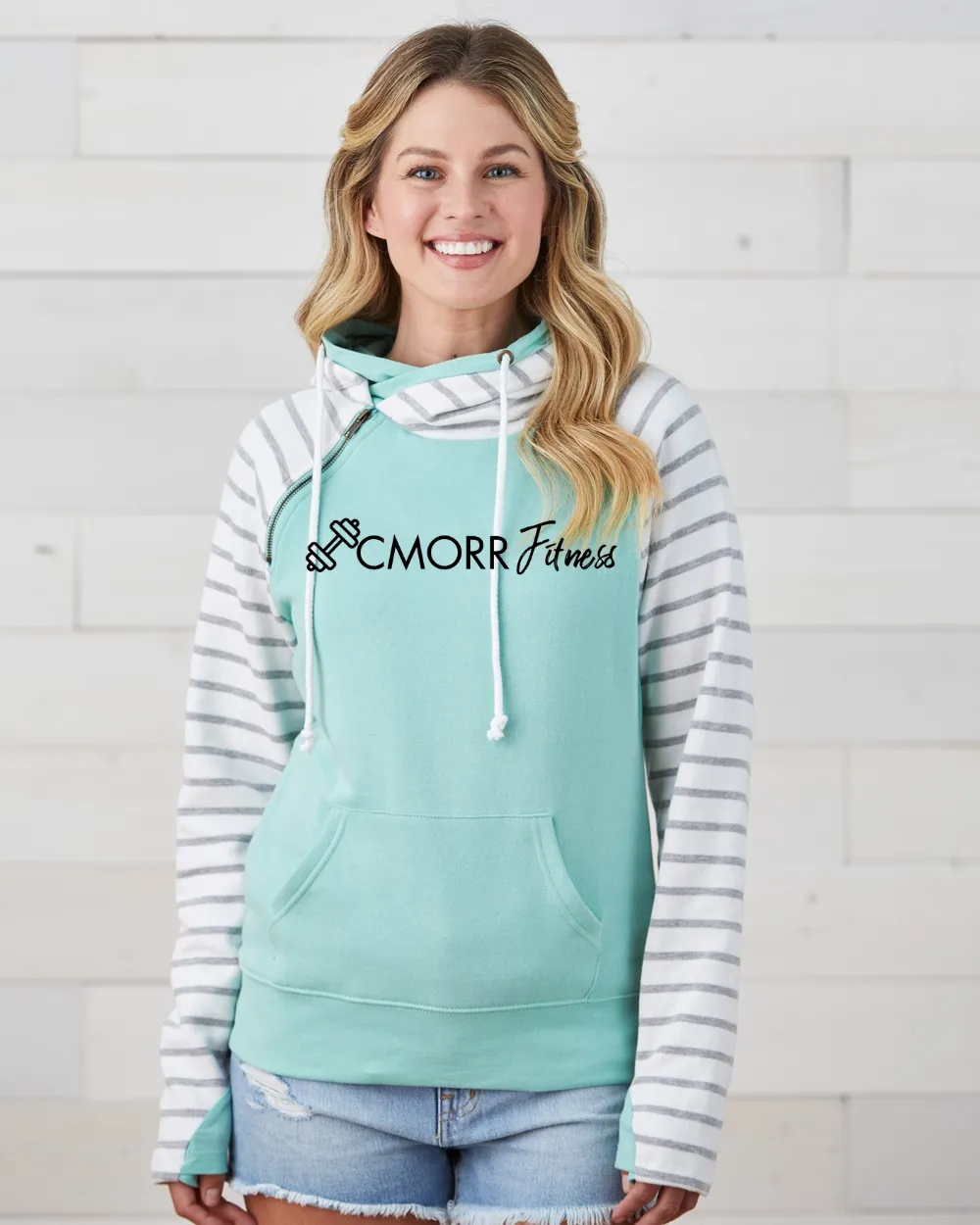 Cmorrfitness Logo WHITE OR BLACK LETTERING Colette Morris Women's Double Hood Sweatshirt