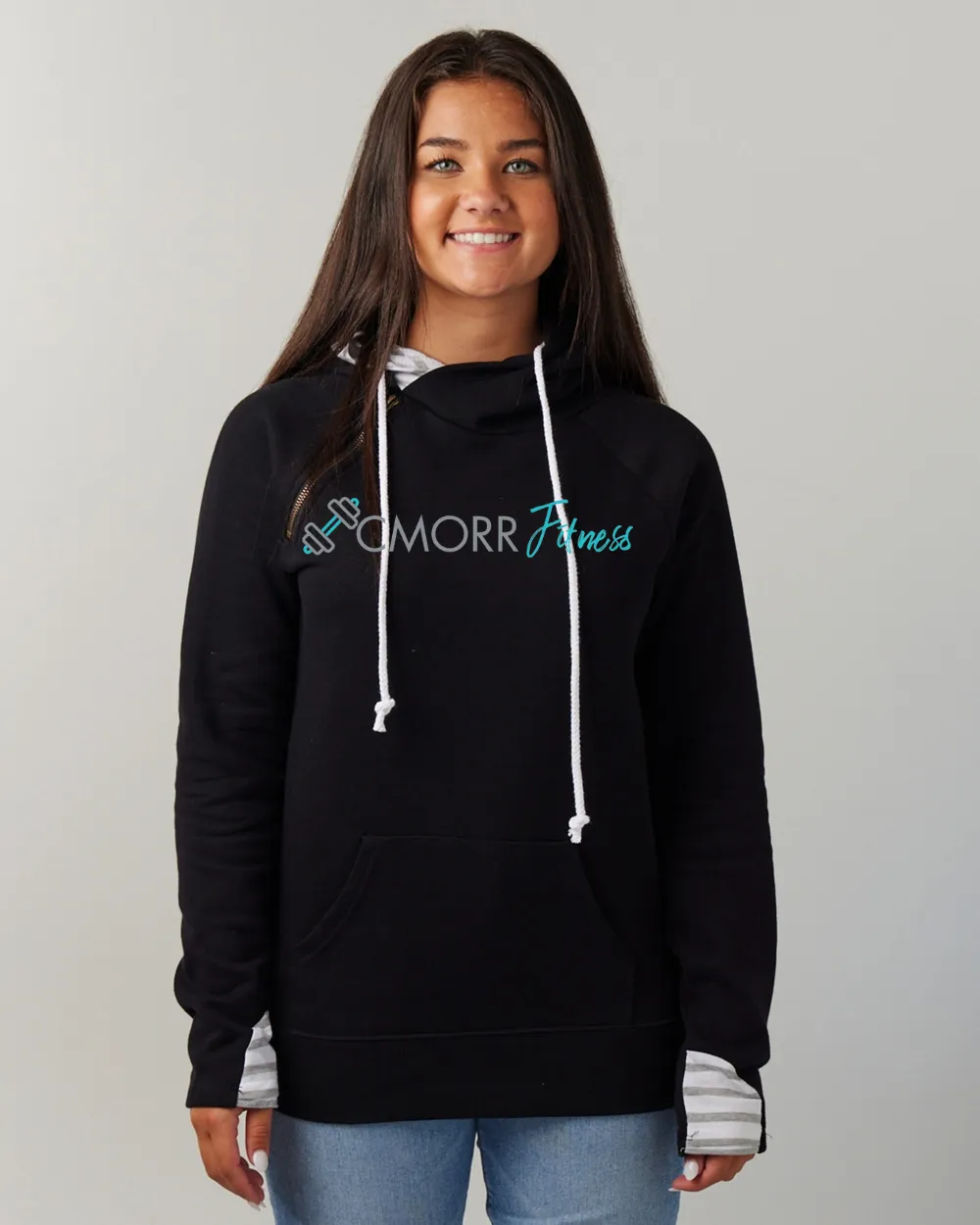 Cmorrfitness Logo WHITE OR BLACK LETTERING Colette Morris Women's Double Hood Sweatshirt