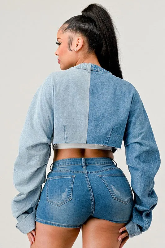 DENIM PATCHED CROPPED TOP