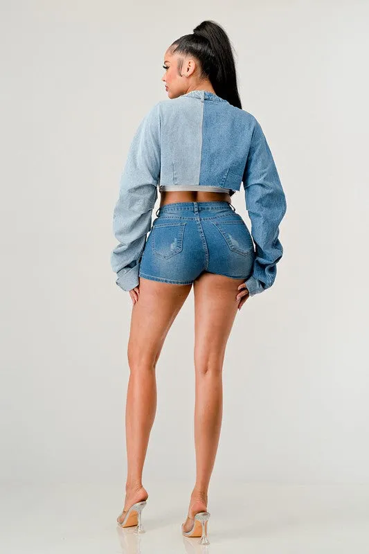 DENIM PATCHED CROPPED TOP