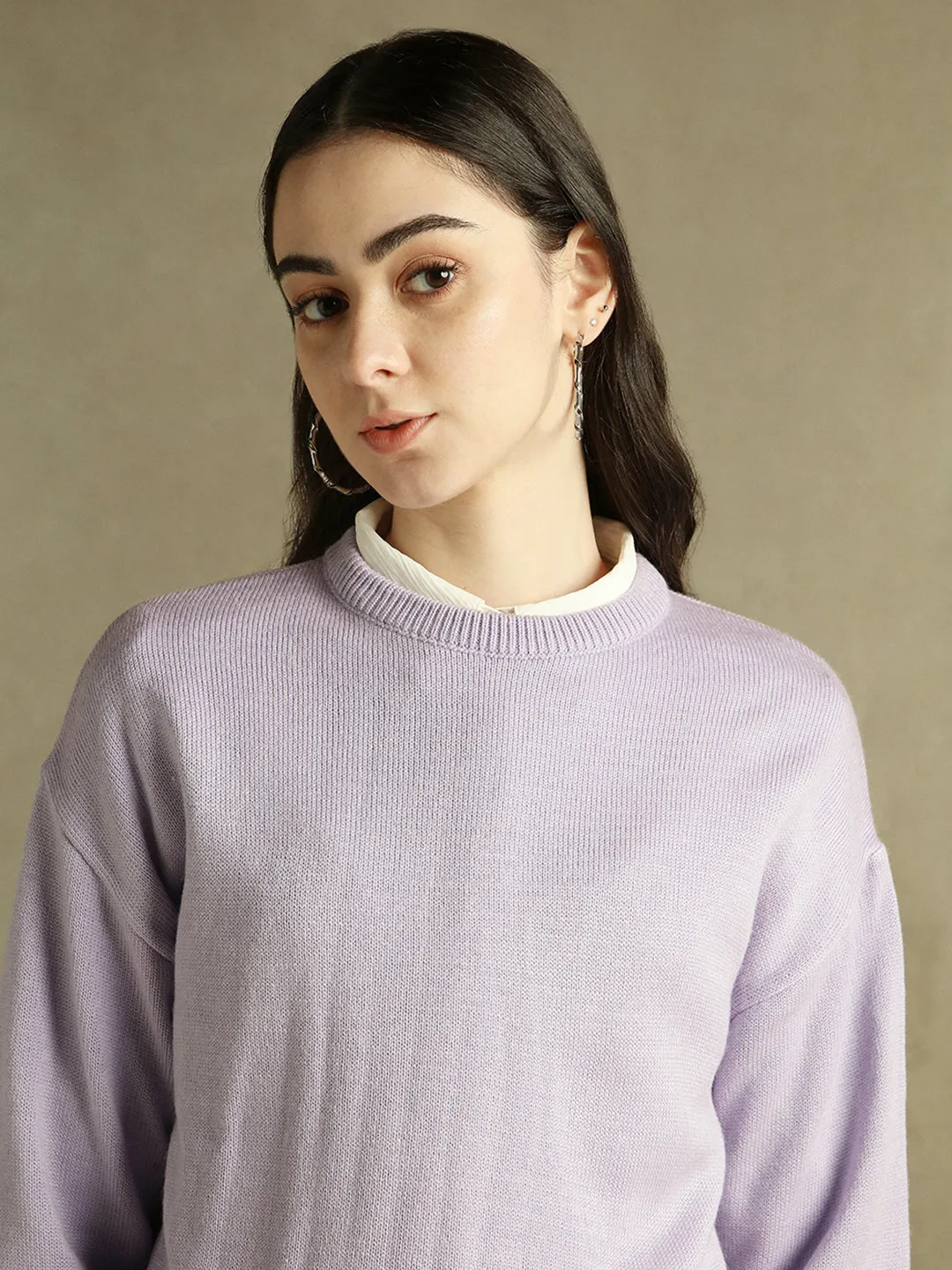 DL Woman Round Neck Solid Lavender Full Sleeves Pullover Sweater