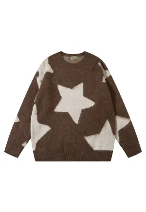 Fluffy sweater star print fleece knitted soft jumper brown