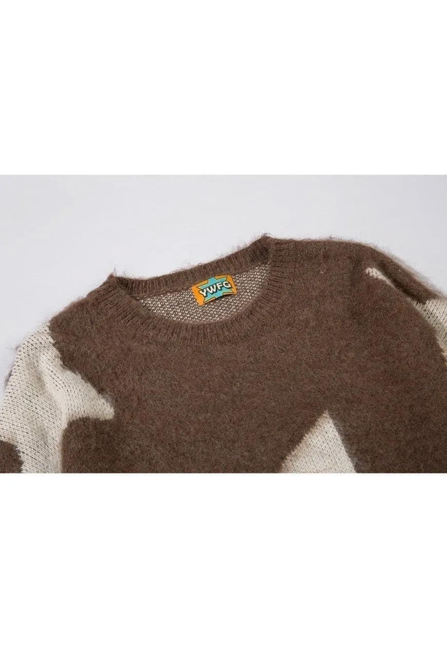 Fluffy sweater star print fleece knitted soft jumper brown