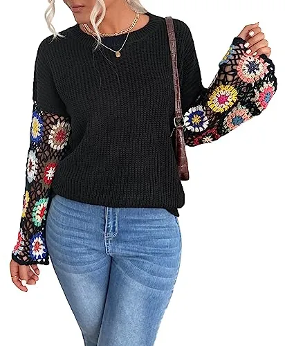 GORGLITTER Women's Floral Long Sleeve Sweaters Knit Hollow Out Drop Shoulder Pullover Jumper Top Black Small