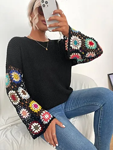 GORGLITTER Women's Floral Long Sleeve Sweaters Knit Hollow Out Drop Shoulder Pullover Jumper Top Black Small