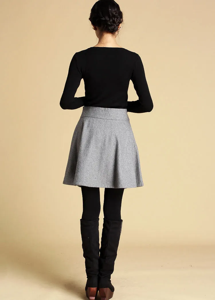 Handmade Flared Grey Wool Mini Skirt - High Waist Winter Fashion 0358#