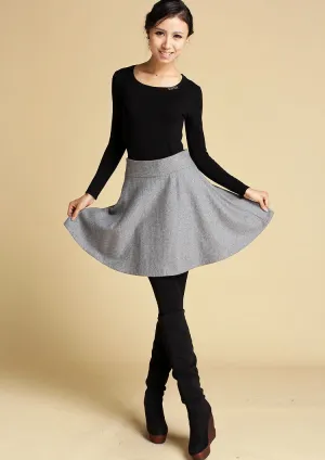 Handmade Flared Grey Wool Mini Skirt - High Waist Winter Fashion 0358#