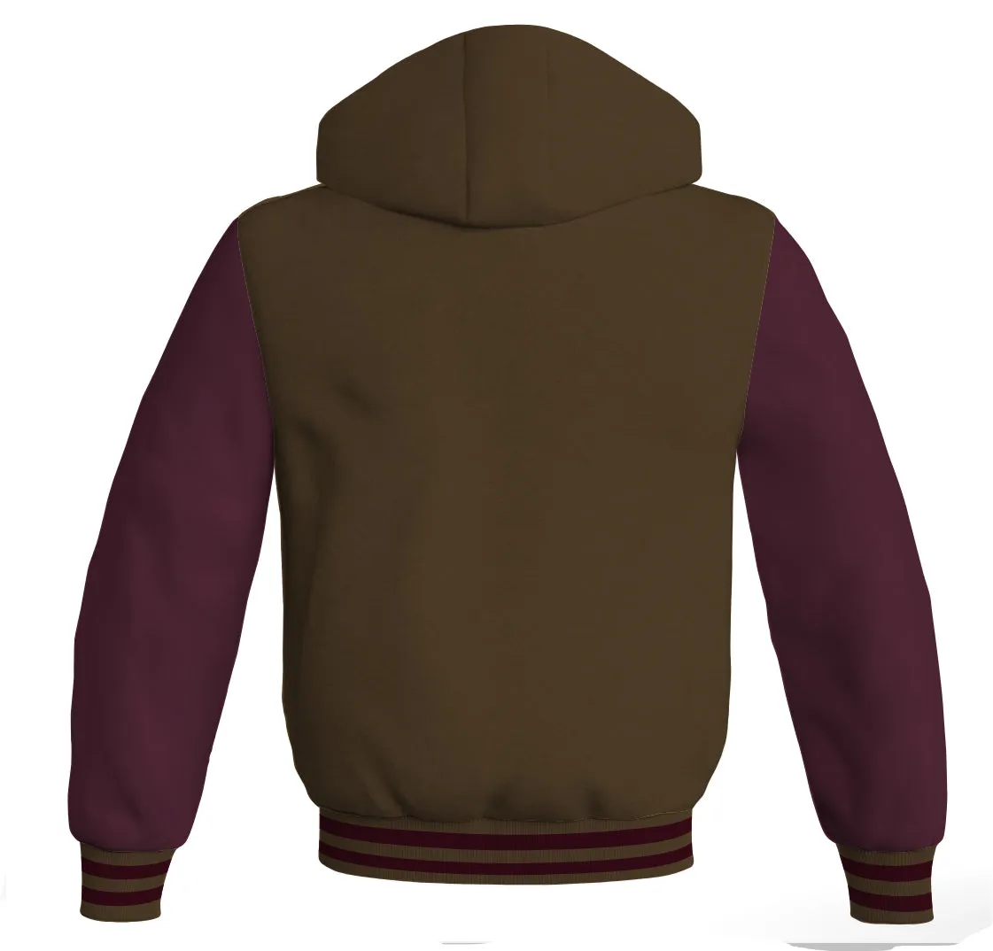 Hooded Bomber Women Brown Body and Maroon Leather Sleeves Custom Hoodies