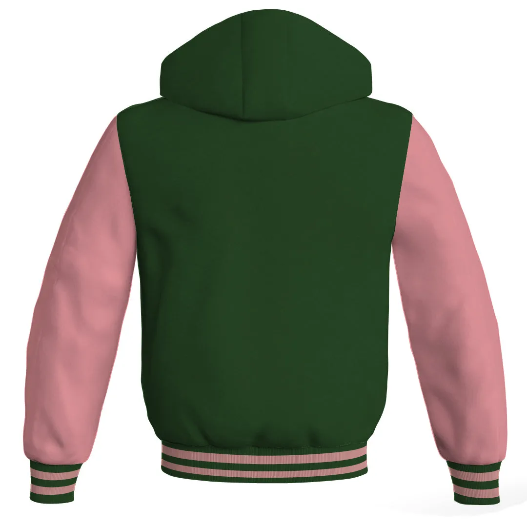 Hoodie Jackets Forest Green Body and Pink Leather Sleeves Bomber Jacket