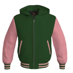 Hoodie Jackets Forest Green Body and Pink Leather Sleeves Bomber Jacket