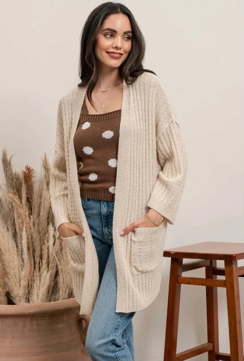 Light Khaki Waffle Knit Cardigan