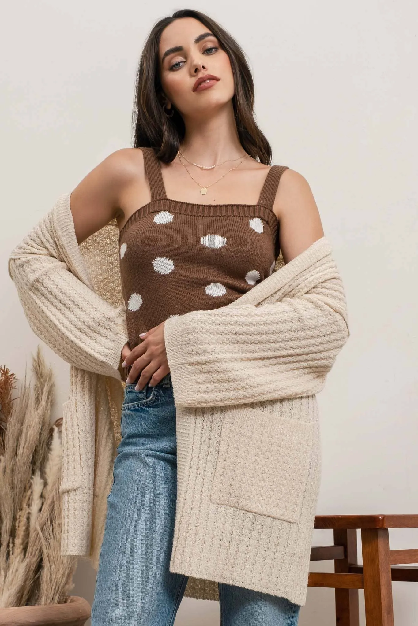 Light Khaki Waffle Knit Cardigan