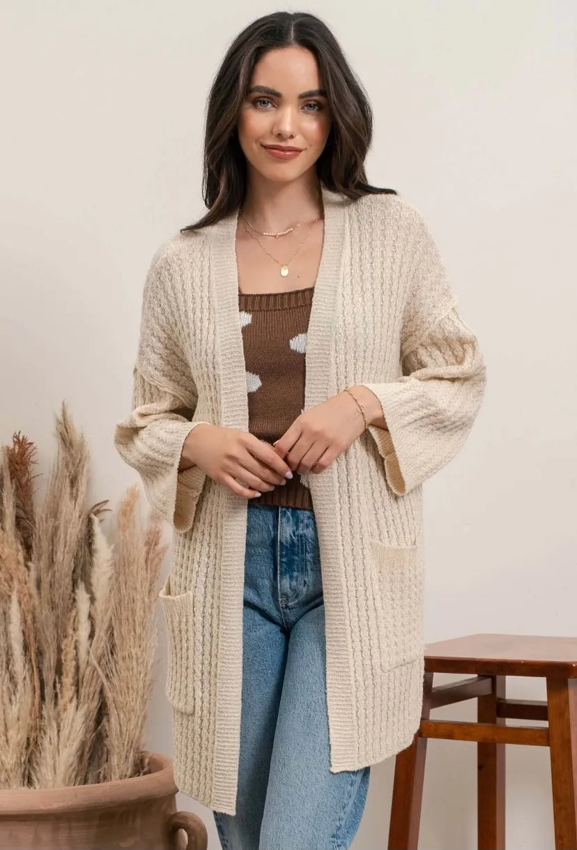 Light Khaki Waffle Knit Cardigan