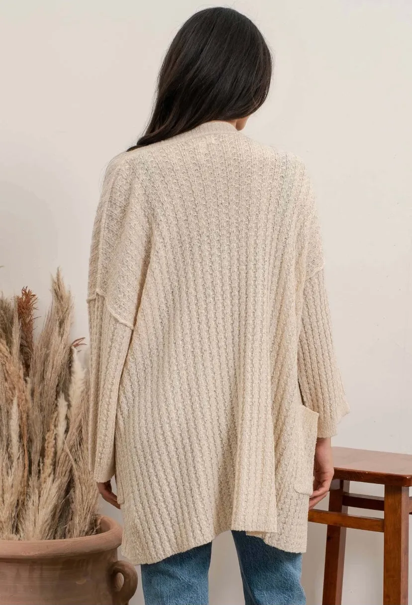 Light Khaki Waffle Knit Cardigan