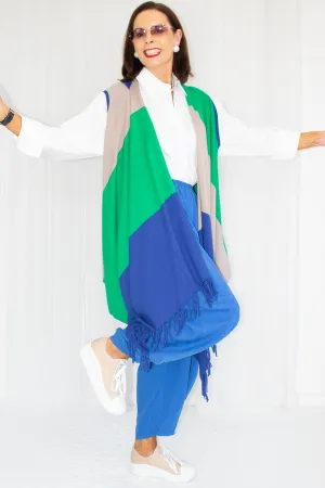 Lillie 3-Tone Colour-block knitted sleeveless waistcoat in Blue/Green