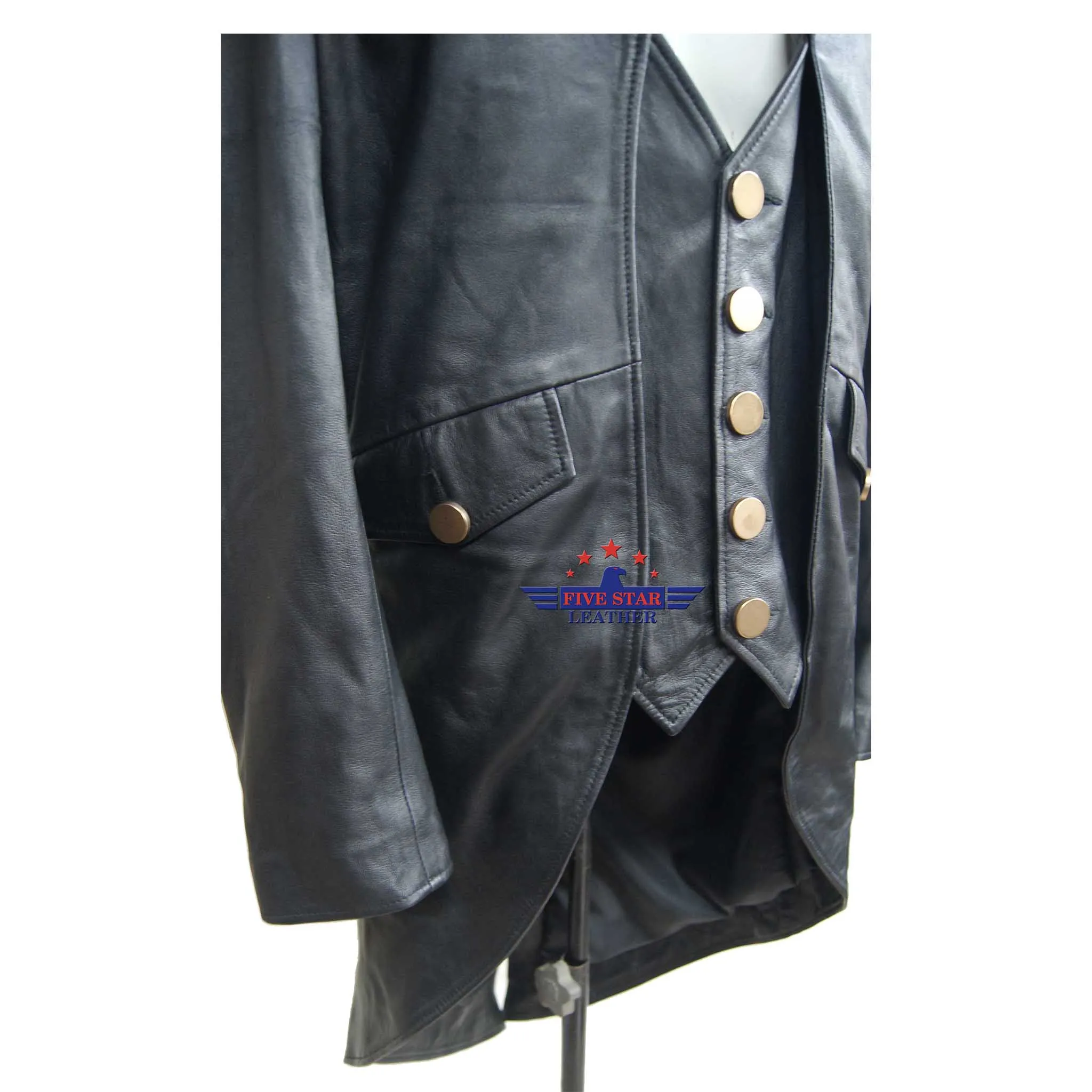 Mans 100% REAL LEATHER Black TAILCOAT Steampunk Jacket Dress Coat GOTHIC