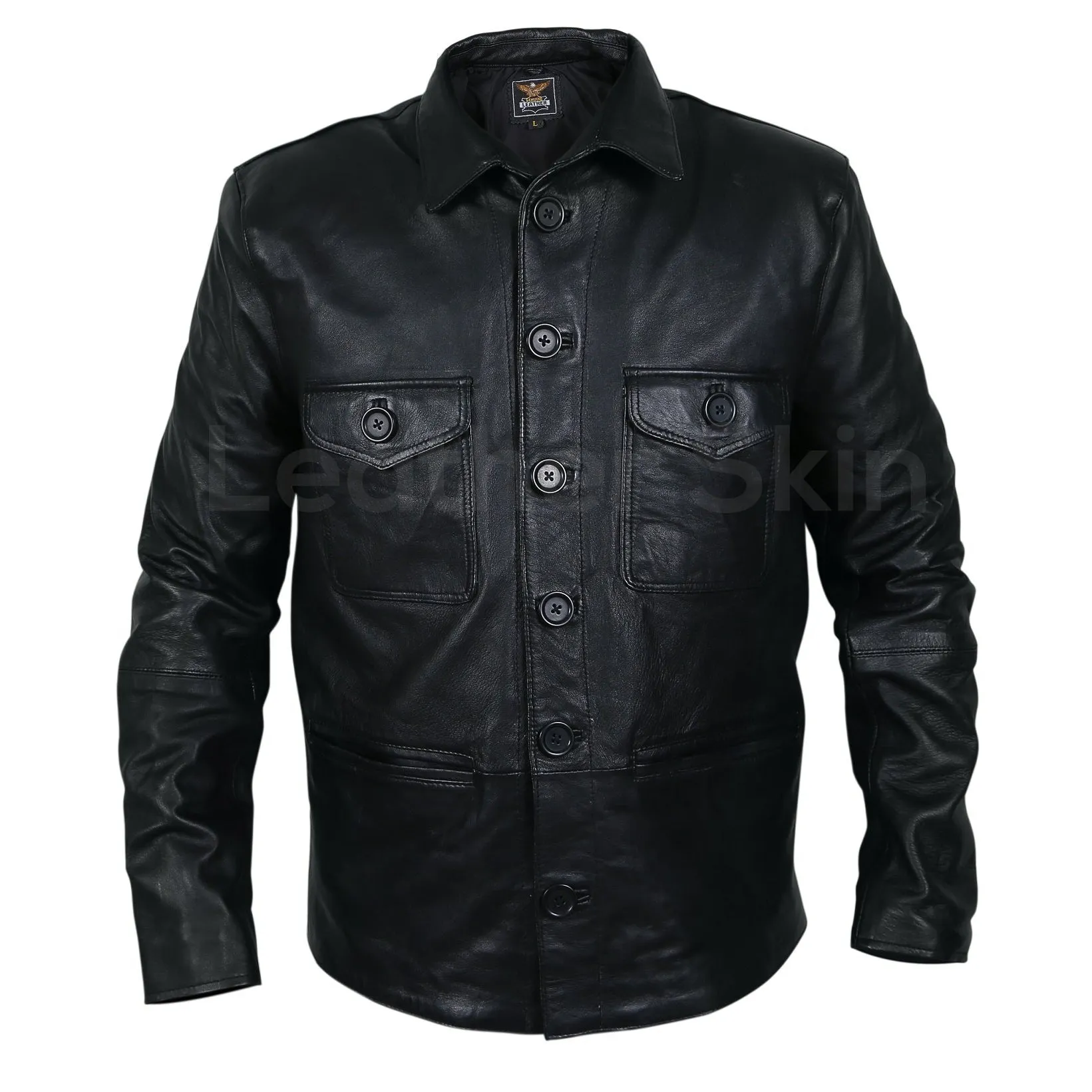 Men Black Leather Coat with button closure chest pockets and front