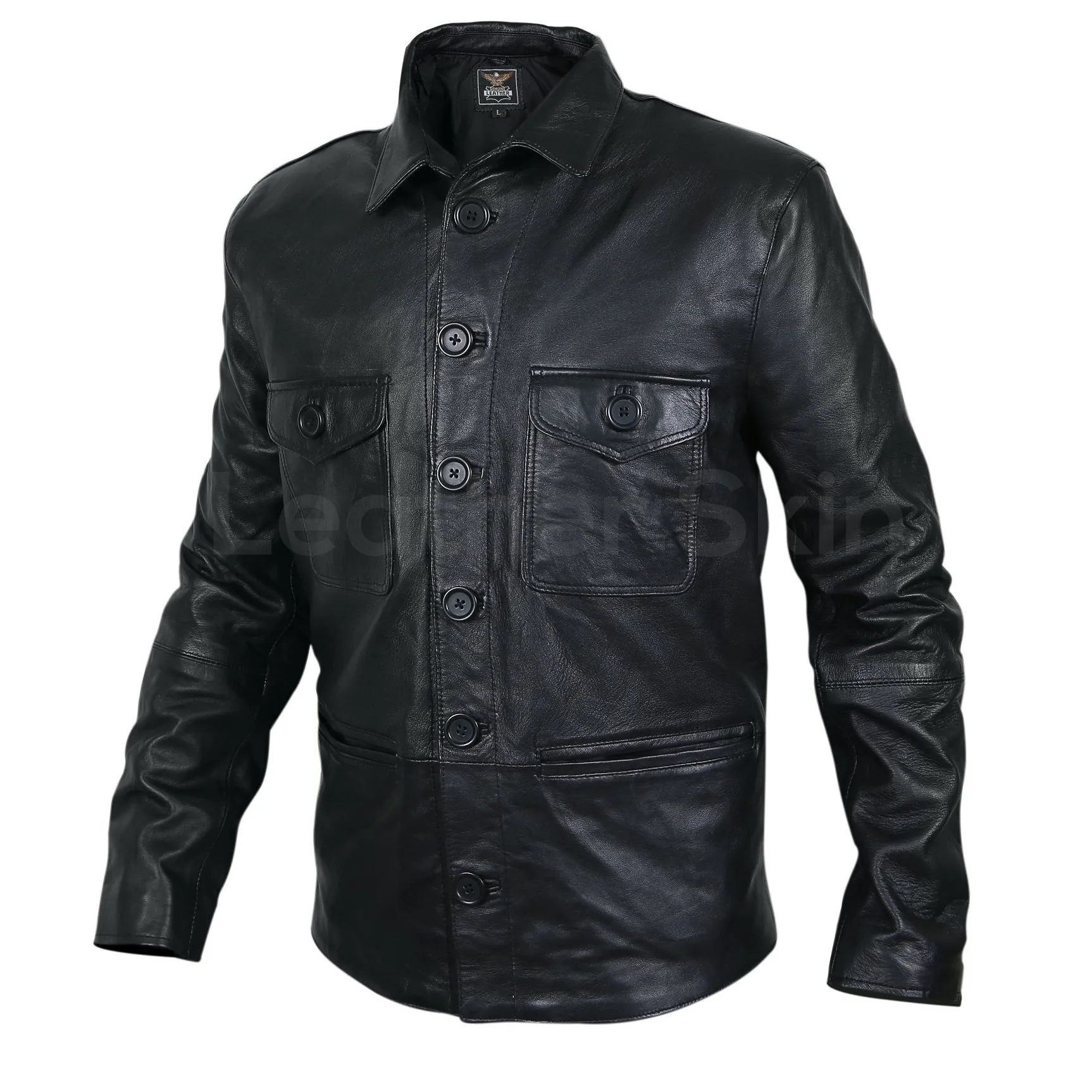 Men Black Leather Coat with button closure chest pockets and front