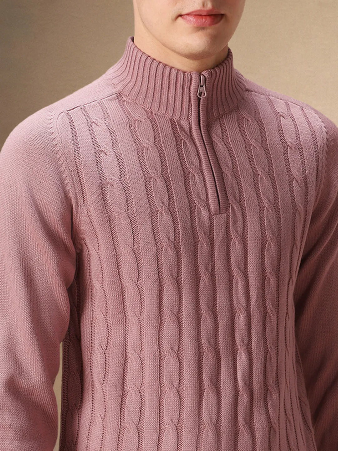 Men's Dusty Pink Cable Knit Mock Neck Full Sleeves Pullover Sweater