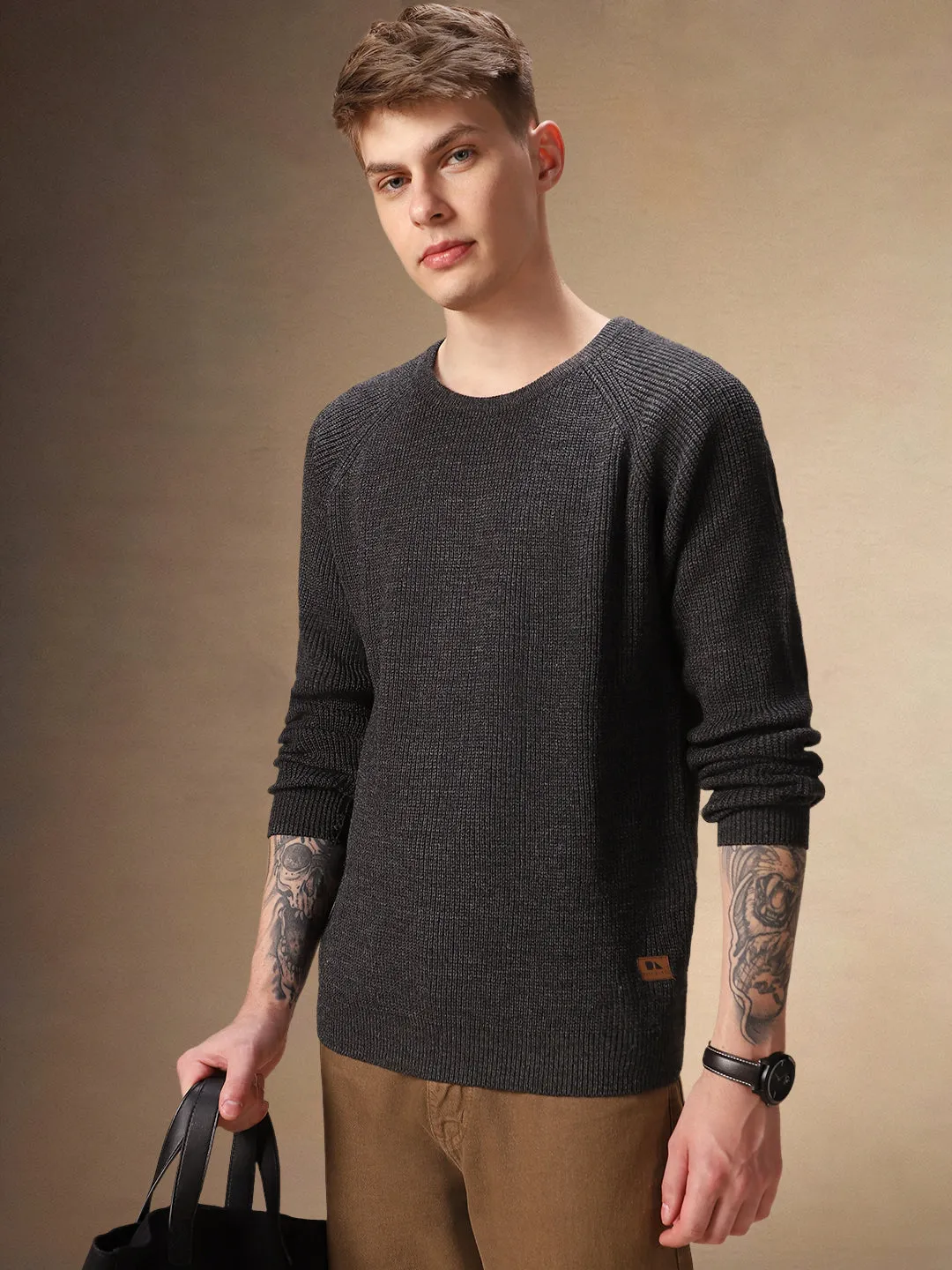 Men's Grey Round Neck Full Sleeves Pullover Sweater