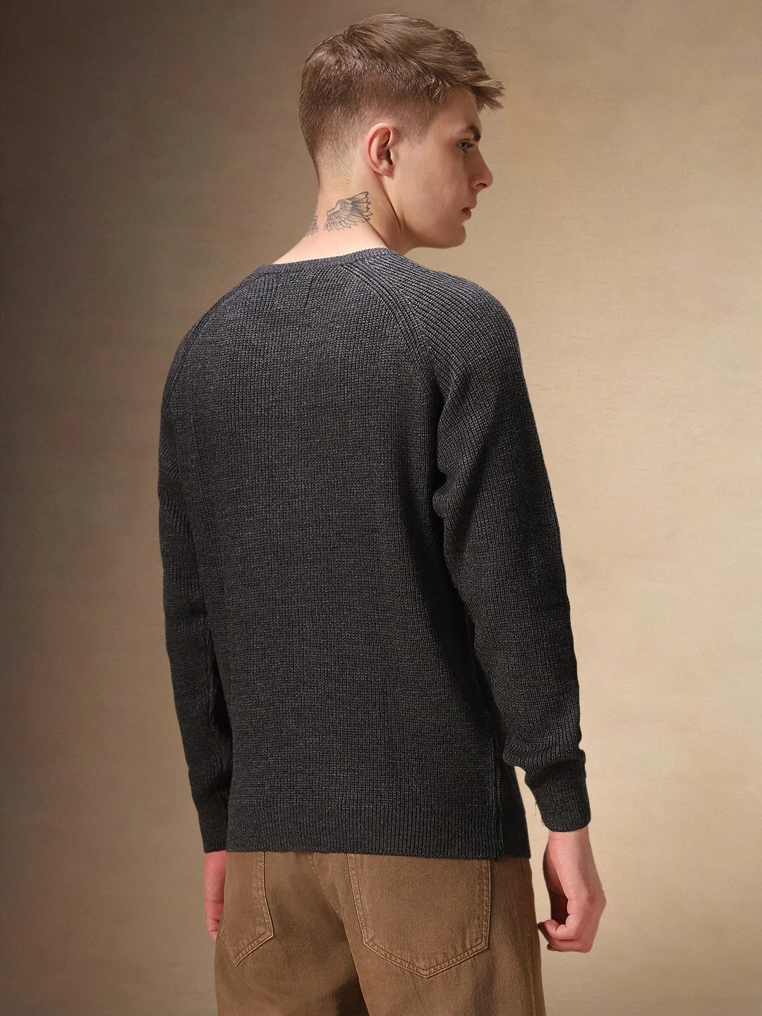 Men's Grey Round Neck Full Sleeves Pullover Sweater