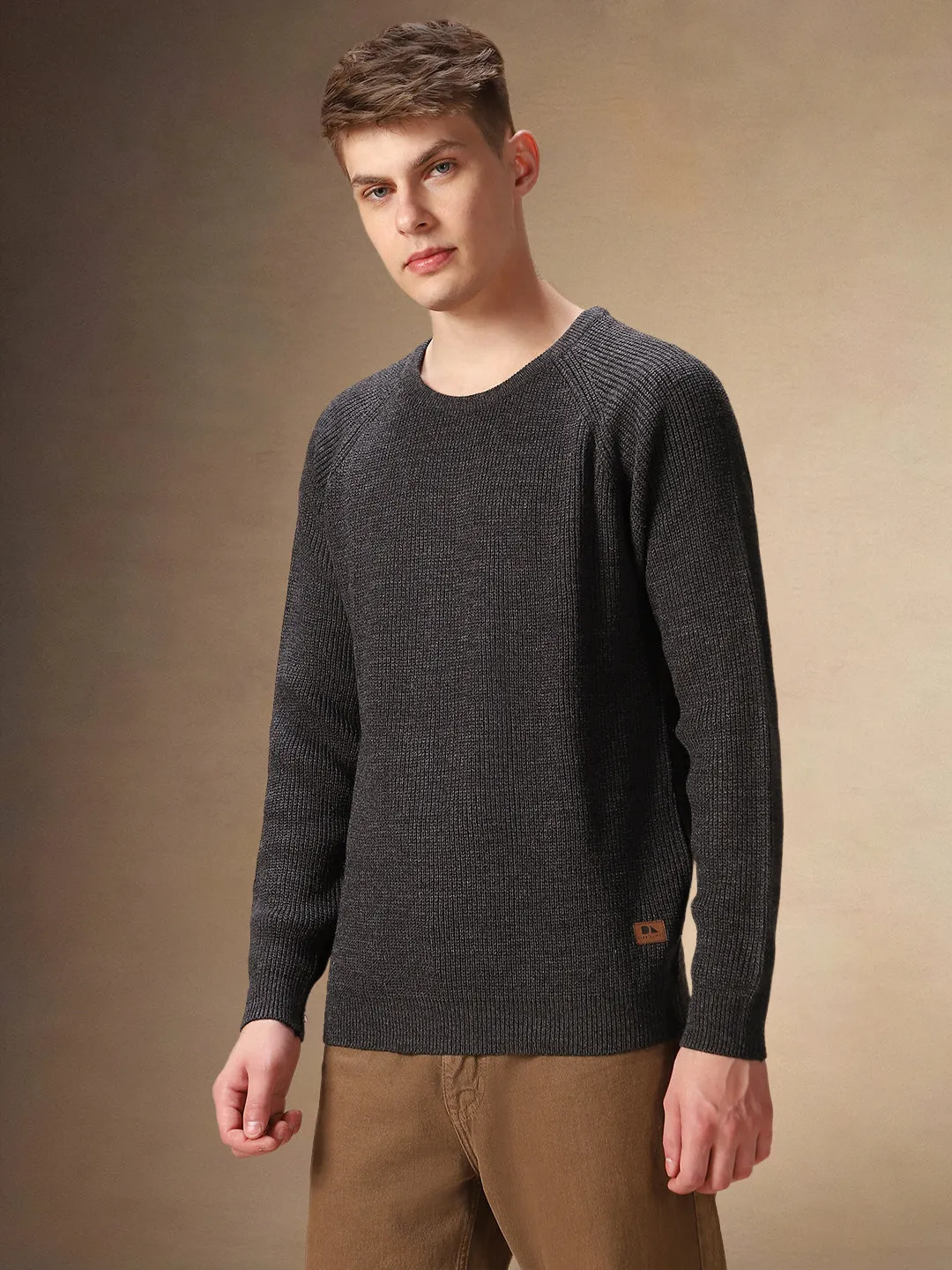 Men's Grey Round Neck Full Sleeves Pullover Sweater