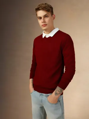 Men's Maroon V-Neck Full Sleeves Slim Fit Pullover Sweater