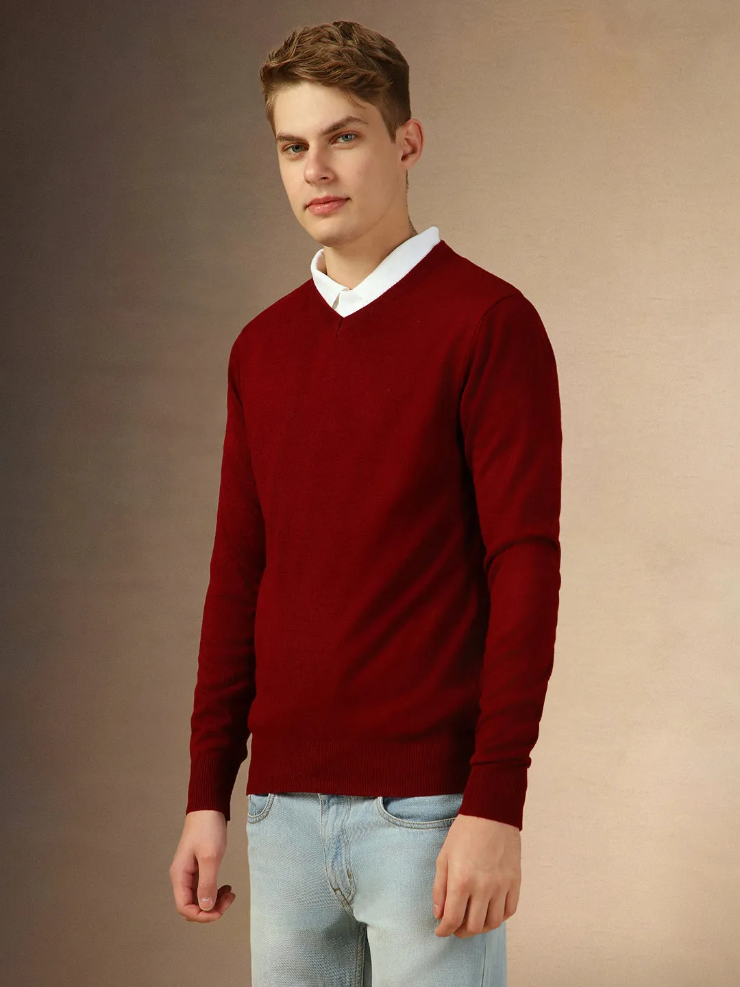 Men's Maroon V-Neck Full Sleeves Slim Fit Pullover Sweater