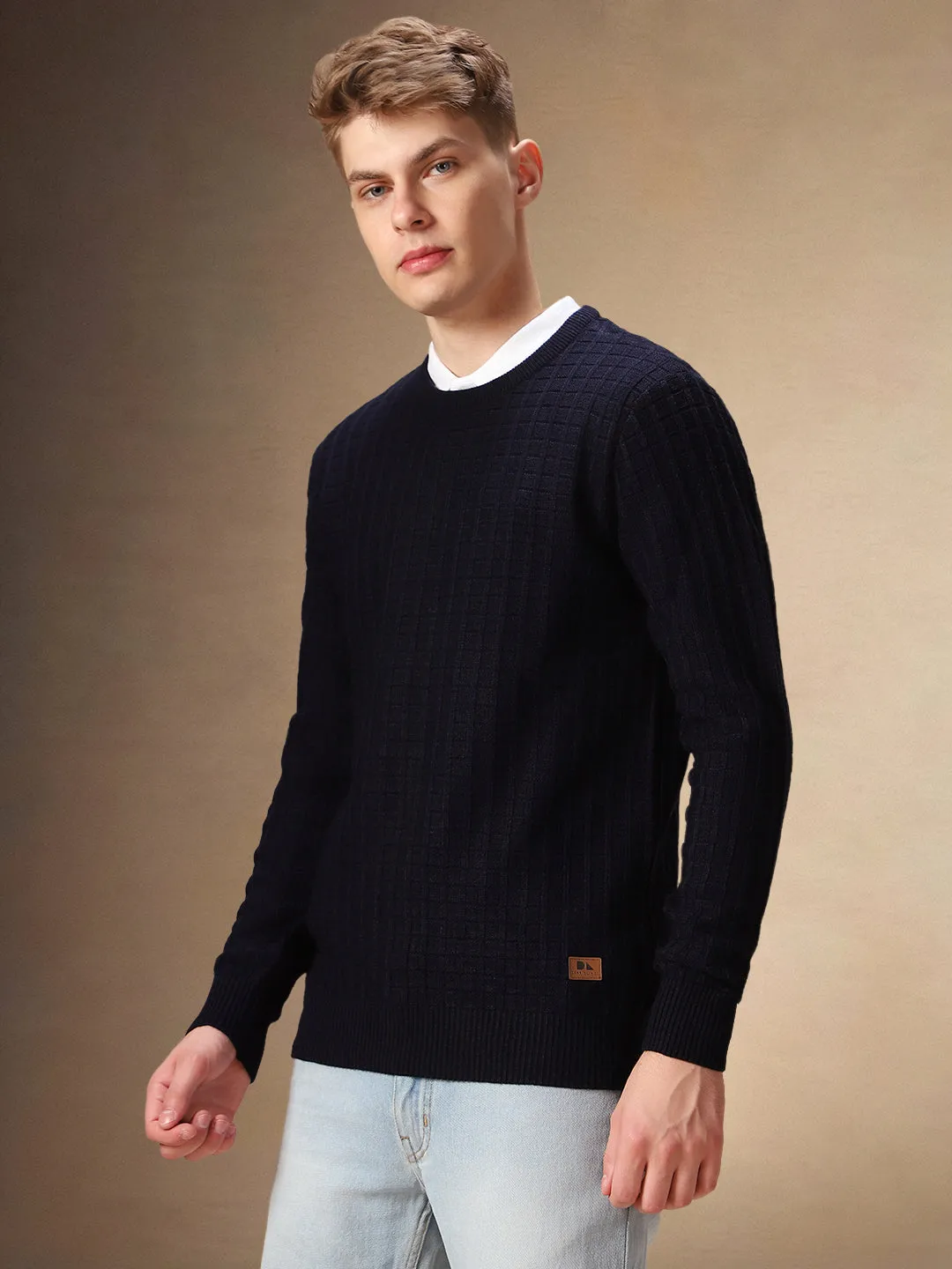 Men's Navy Blue Self Design Round Neck Full Sleeves Pullover Sweater