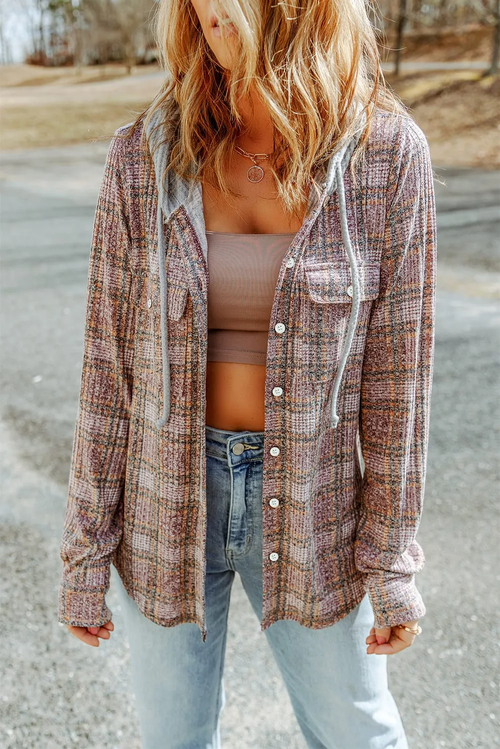 Plaid Hooded Drawstring Shacket