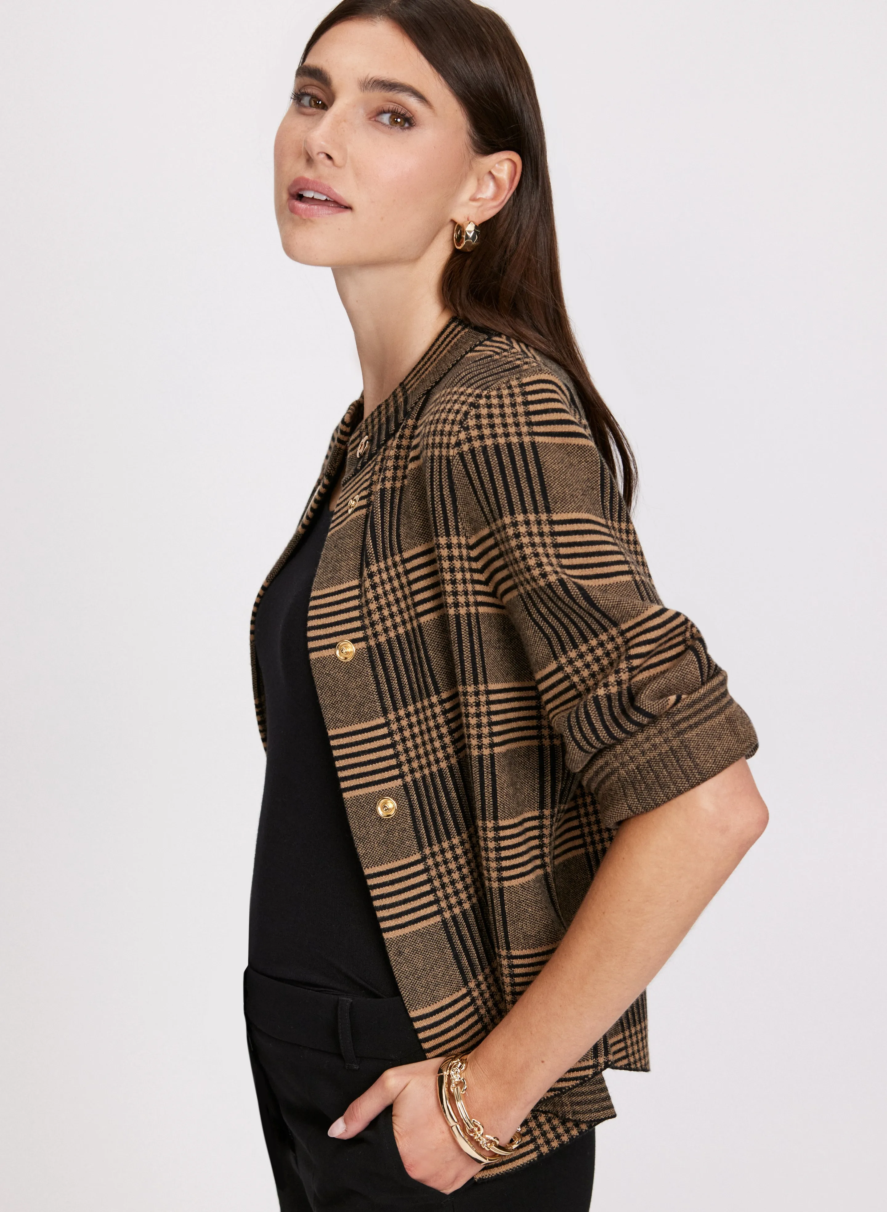 Plaid Print Mock Neck Cardigan