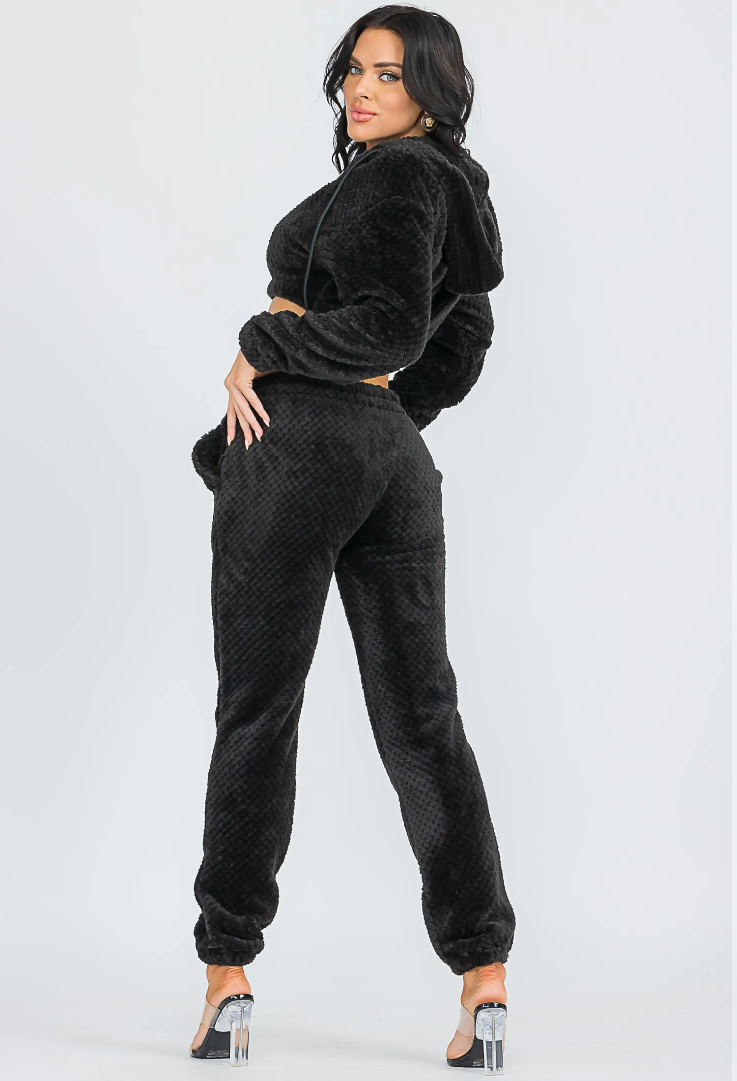 Sexy Sherpa Furry 2 Pieces Sets Crop Zipper Jacket and Long Pants